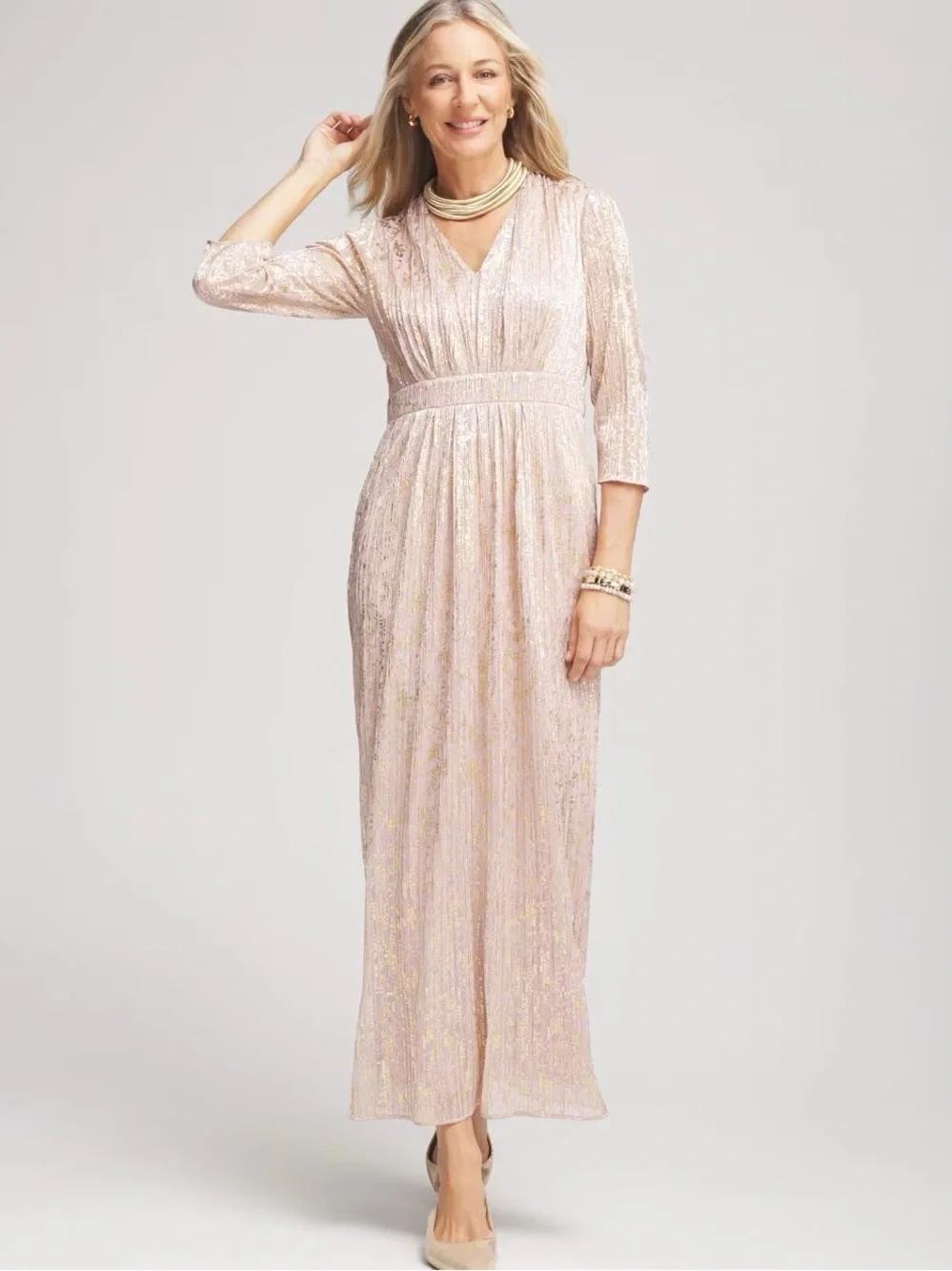 Chico’s Metallic Pleated Maxi Dress